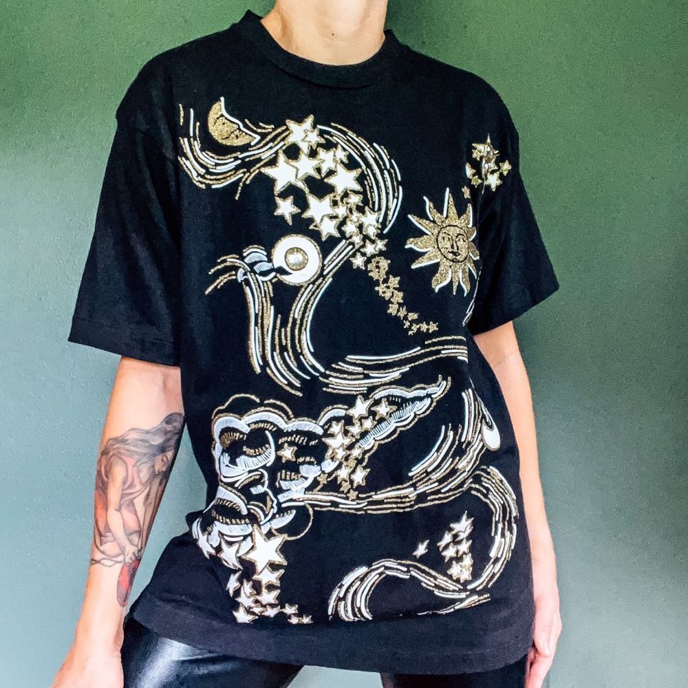 Vintage Single Stitch Black Tshirt with Witchy Celestial Glitter Puff Paint Embe